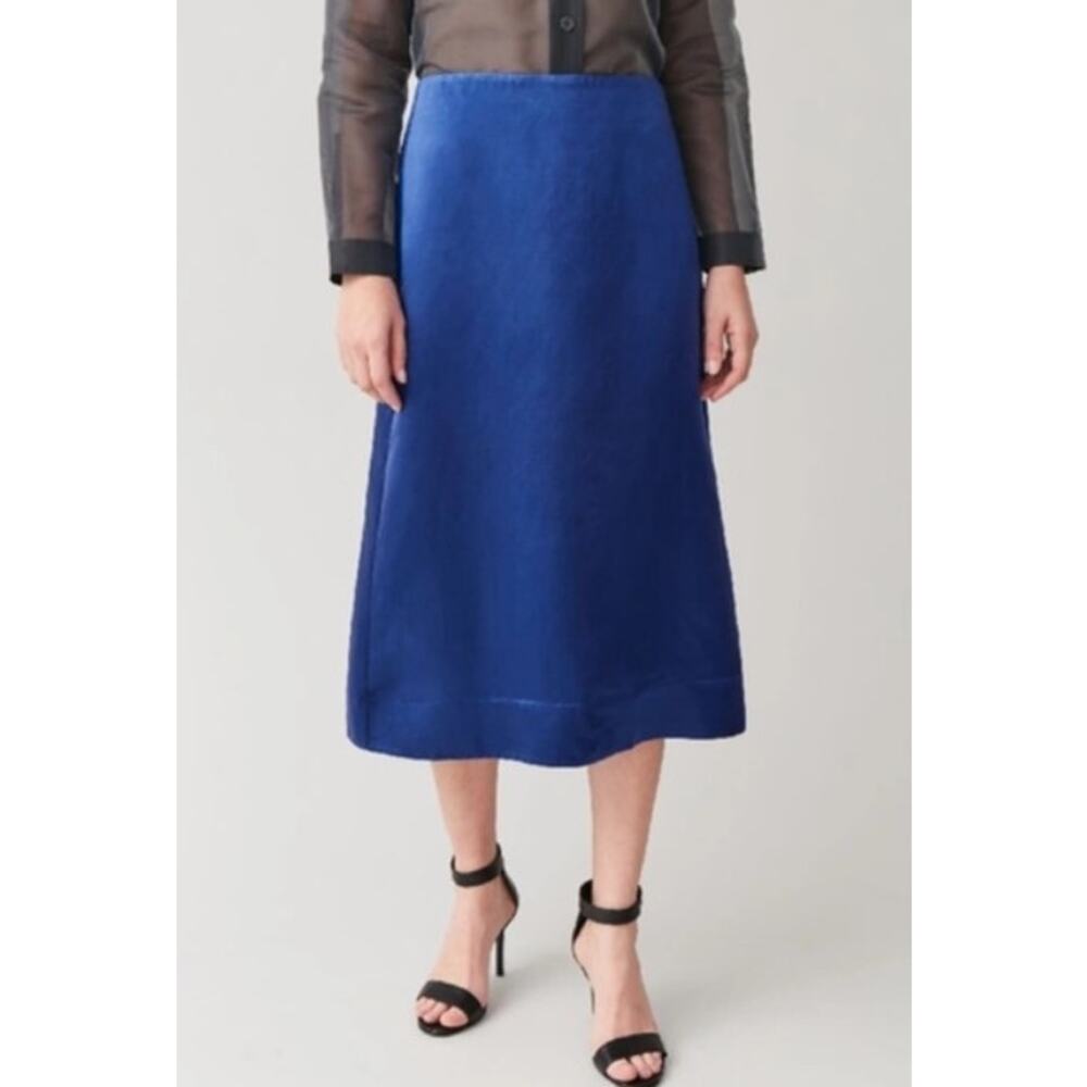 new COS blue Mulberry Silk Mix A Line satin cobalt knee length midi skirt